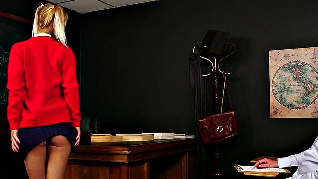 Uniformed student watches teacher wank in classroom