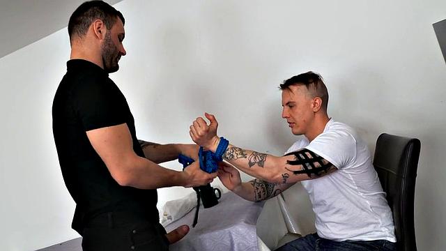 Dominant jock fucks tied sub deepthroating till cumshot