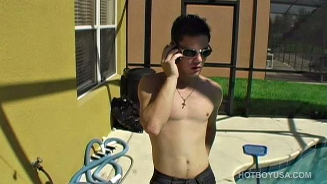 Pool boy Jake is finishing up some service work when he gets a call. Damon and Eric want him to service their big dicks until they are rock hard and ready to fuck his young ass. This bottom boy is always up for a threesome with two hung studs.