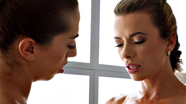 Oiled MILF seduced by petite dyke before eating her out