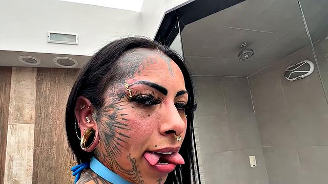 Inked muscular TS slut gets assbanged after teasing her BF