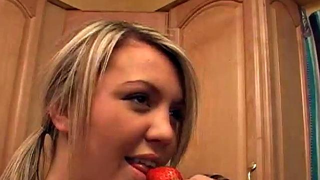Lesbian teens licking chocolate and strawberries