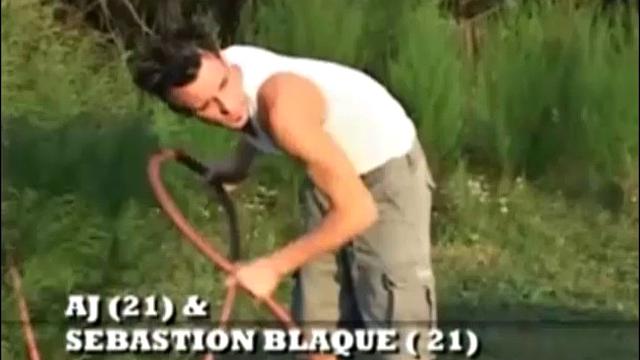 AJ and Sebastion Blaque hook up for some hot outdoor fun. AJ drops to his knees and Sebastian feeds him. After trading blowjobs, AJ plows into Sebastian's ass and gives him a good long session.