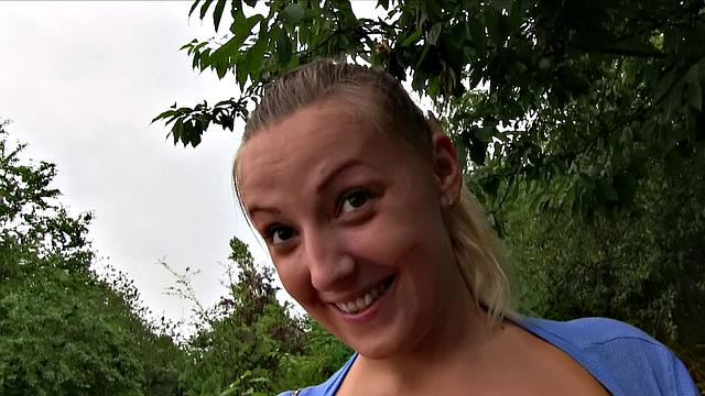 Big-titted babe with a ponytail takes a hard fucking outside