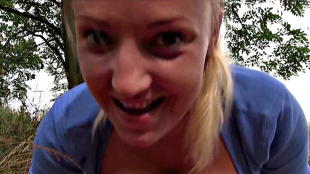 Big-titted babe with a ponytail takes a hard fucking outside
