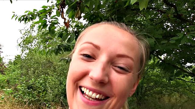 Big-titted babe with a ponytail takes a hard fucking outside