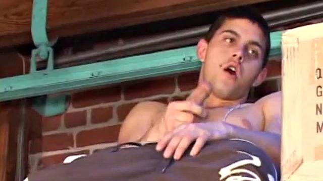 Looking in on TJ Kummings, he decides to get creative, while jacking off. We find the young man jerking off in the garage loft, and after he squeezes and pulls on his cock for a while TJ drops a cum load to the floor.