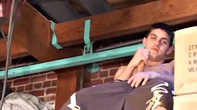 Looking in on TJ Kummings, he decides to get creative, while jacking off. We find the young man jerking off in the garage loft, and after he squeezes and pulls on his cock for a while TJ drops a cum load to the floor.