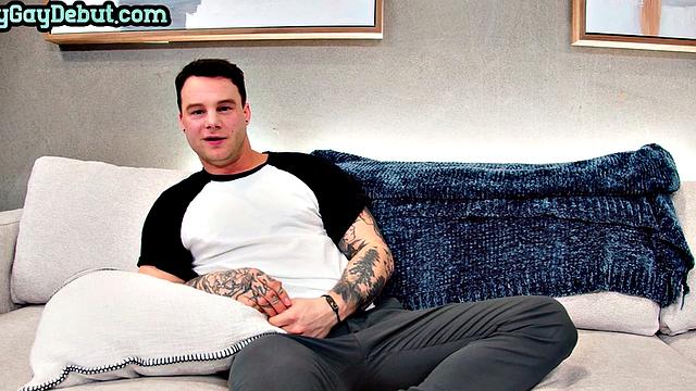 Inked jock masturbates solo on first casting