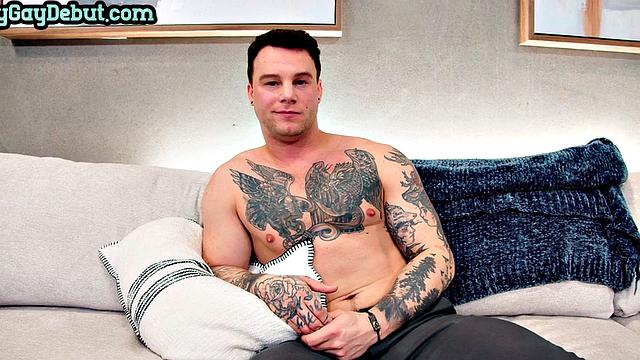 Inked jock masturbates solo on first casting