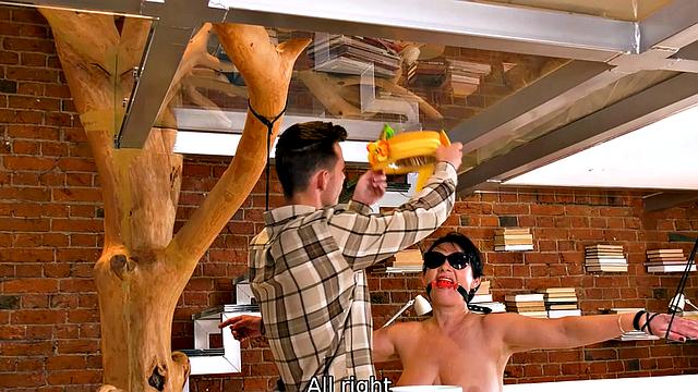 SHAME4K. Guy finds brunette being tied up and provides some hot services