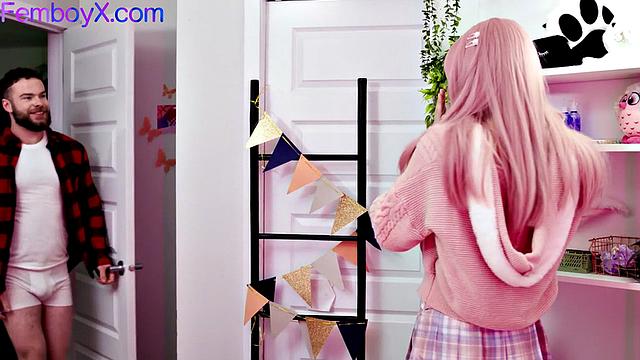 Pinkhair femboy gets fucked by bearded boyfriend