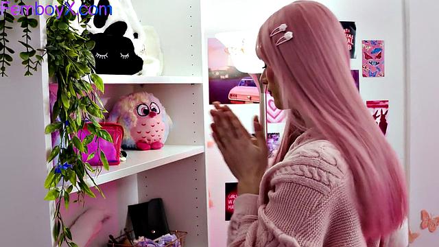 Pinkhair femboy gets fucked by bearded boyfriend