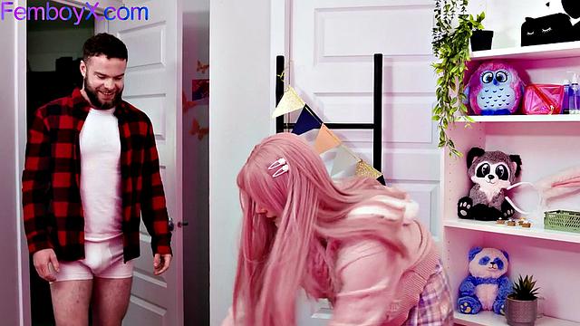 Pinkhair femboy gets fucked by bearded boyfriend