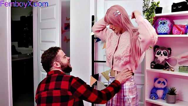 Pinkhair femboy gets fucked by bearded boyfriend