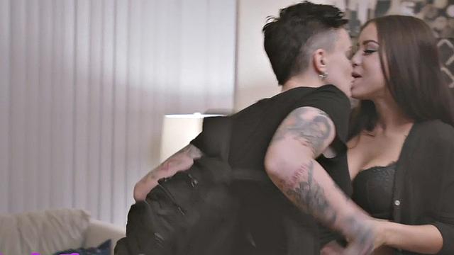 Tattooed masc dyke strapon fucking girlfriend before oral