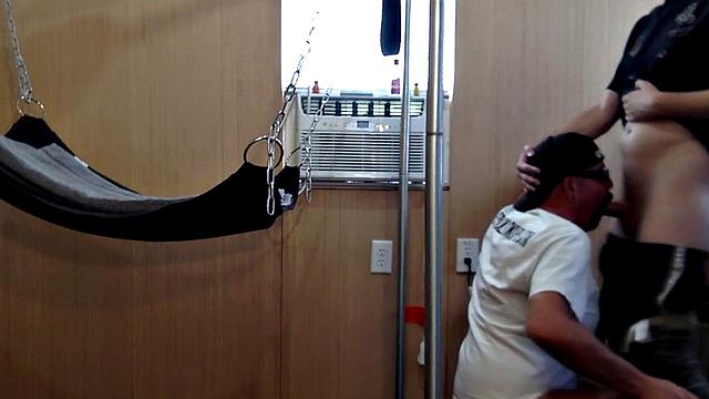 Gloryhole amateur DILF banged in sling after sucking