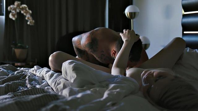 BF bangs pierced blonde TS in the bedroom while she passionately sucks and fucks him