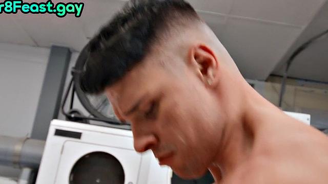 Barebacking str8 stud barebacks in public laundry room.