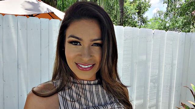 Katana's standing up fantasy: Hot Latina with brown hair gives you a hot outdoor handjob and gets doggystyled