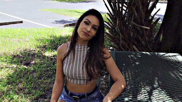 Katana's standing up fantasy: Hot Latina with brown hair gives you a hot outdoor handjob and gets doggystyled