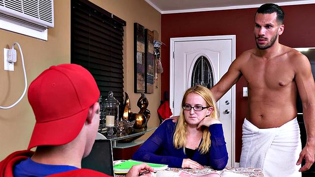 Blonde pornstar gets her ass pounded hard in the bathroom, with glasses on!