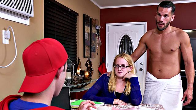 Blonde pornstar gets her ass pounded hard in the bathroom, with glasses on!