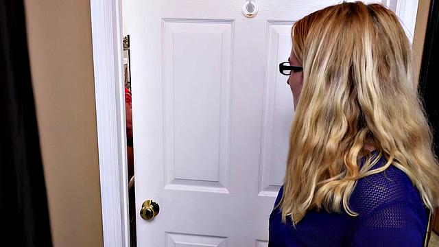 Blonde pornstar gets her ass pounded hard in the bathroom, with glasses on!
