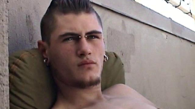 Pony rubs his pierced cock in the afternoon sun. He stands up and asks if we would like to see his dick. Of course! What follows is a jerk off session with a happy ending.