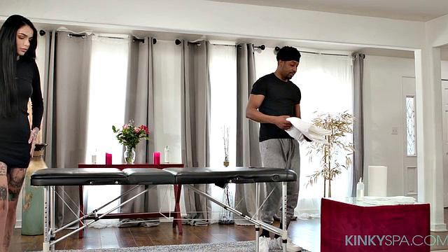 Tattooed babe Leigh Raven gets fucked by hung black masseur