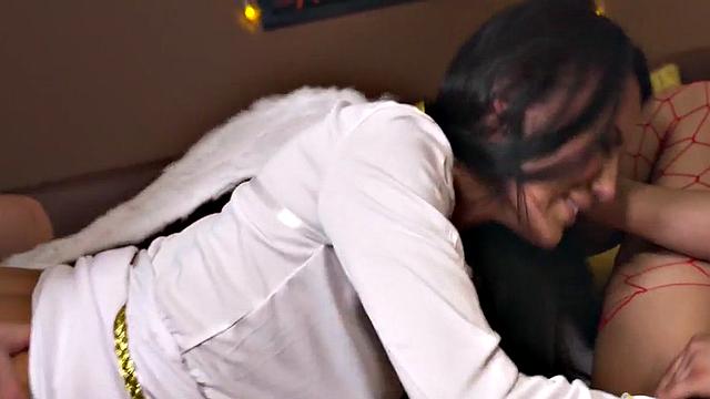 Hostel Angel and Devil Share Big Cock in Threesome