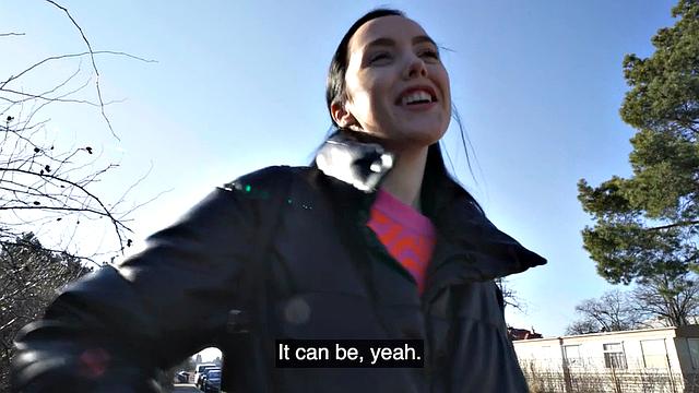 Public babe rides stranger's cock for cash