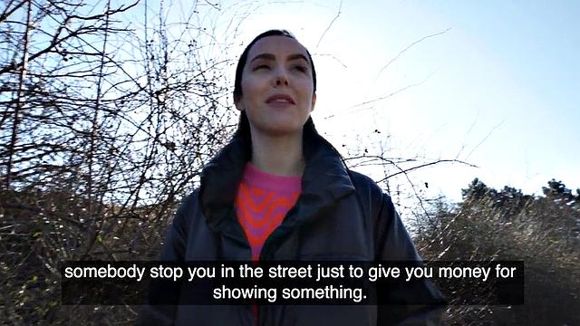 Public babe rides stranger's cock for cash