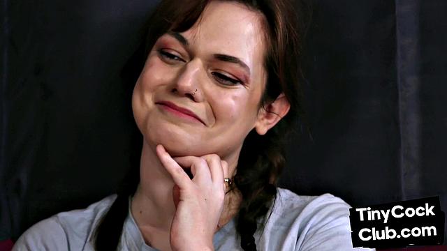 Big-titted domina jerking pathetic loser's small cock