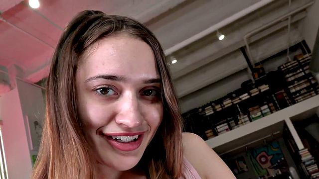 Teasing 21yo babe gets facial after wanking cock.