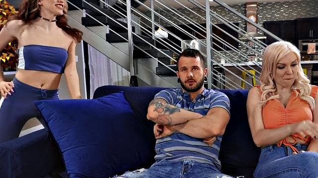 Curvy trans sucking dick and balls in erotic threesome