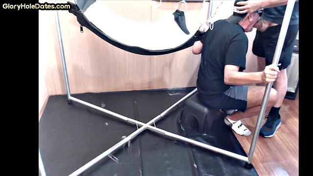 Greedy DILF in sling gets after deepthroating BJ