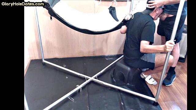 Greedy DILF in sling gets after deepthroating BJ