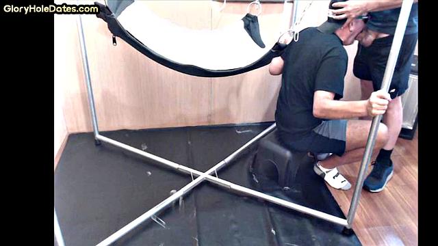 Greedy DILF in sling gets after deepthroating BJ