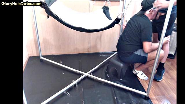 Greedy DILF in sling gets after deepthroating BJ