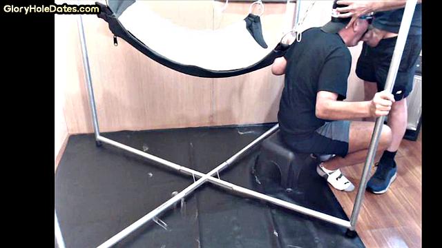 Greedy DILF in sling gets after deepthroating BJ