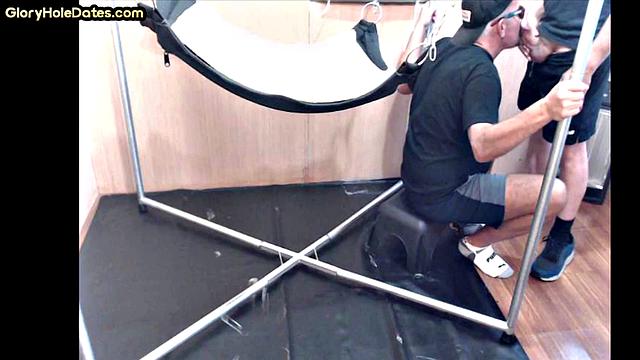 Greedy DILF in sling gets after deepthroating BJ