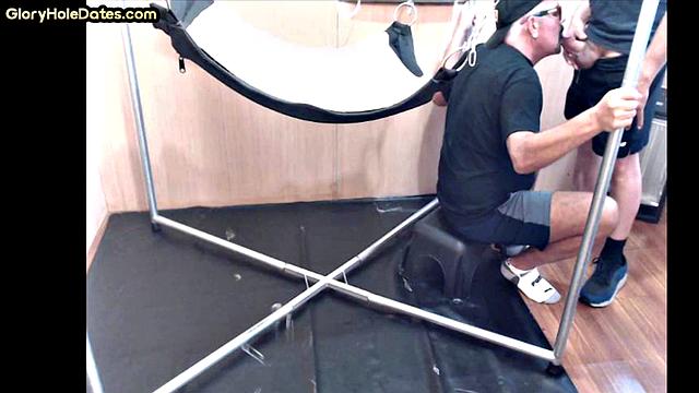 Greedy DILF in sling gets after deepthroating BJ