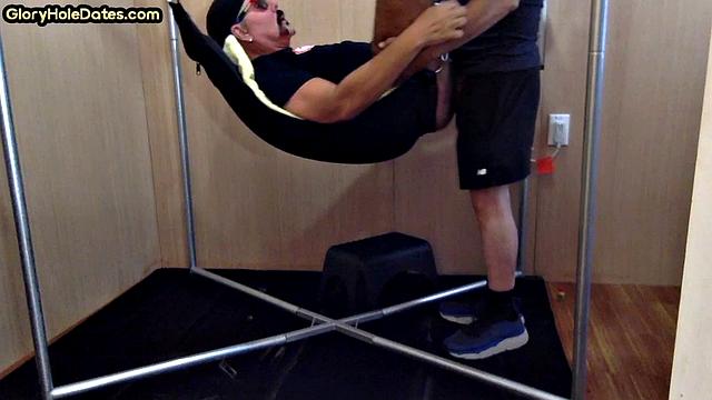 Greedy DILF in sling gets after deepthroating BJ