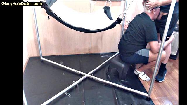 Greedy DILF in sling gets after deepthroating BJ