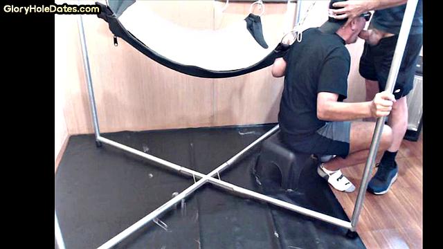 Greedy DILF in sling gets after deepthroating BJ