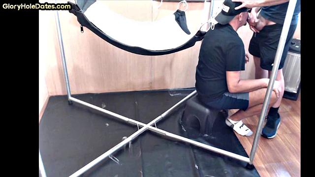 Greedy DILF in sling gets after deepthroating BJ