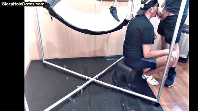 Greedy DILF in sling gets after deepthroating BJ