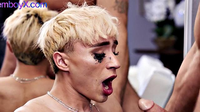 Deepthroat femboy by jocks cock till cumshot