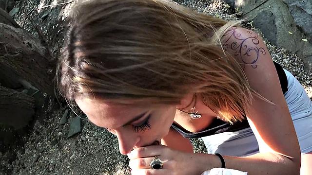 Bubble Butt Blonde Public Seduction: Tattooed slut gets fucked and handjobs in public
